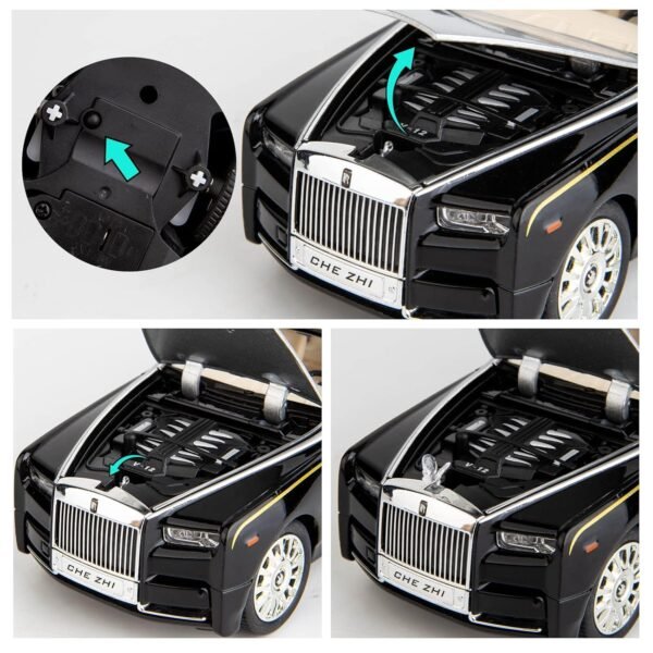 Model Car Zinc Alloy Pull Back Toy Diecast Toy Cars with Openable Doors, Sound and Light for Kids Boy Girl Gift (1:24 Rolls-Royce Phantom,Black-Black) - Image 2