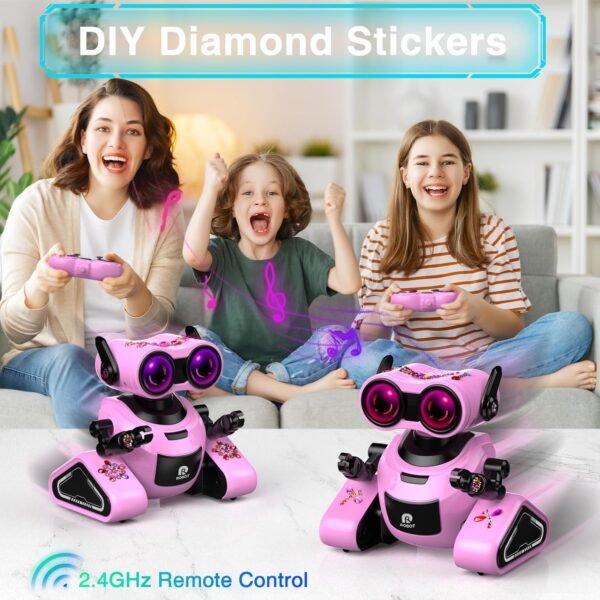 Yerloa Girls Robot Toys with 3D Stickers for 3-5, Baby Easter Toys Remote Control Robot Toy for Kids with Music and 4 Color LED Eyes, Singing, Dancing, Birthday for Boys Girls Aged 3 4 5 6 7 Year Old - Image 3