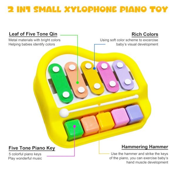VGRASSP 2 in 1 Small Xylophone and Piano Toy for Kids with Colorful Keys and Drum Sticks - Musical Instrument Toy for Baby and Toddlers - Yellow - Image 5