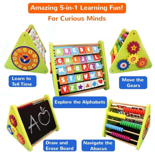 Shumee\'s 5-in-1 STEM Activity Triangle | Engage Your Baby with ABCD, Counting & Telling Time | Wooden Abacus and Gear Cube Toy for Kids| Gift for Boys and Girls | Kids Toys - Image 5
