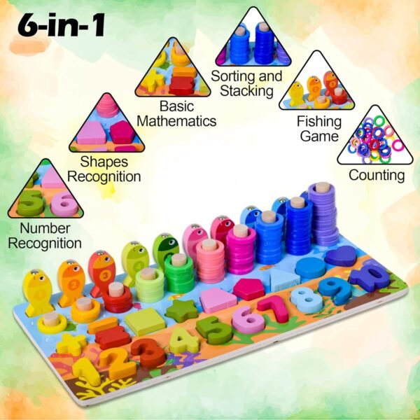 WISHKEY Wooden 6 in 1 Multifunctional Learning Board Puzzle, Numbers, Shapes, Fishing Game, Stacking, Montessori Game Educational Toys for Kids, Multicolour, 3+ Years (Pack of 1) - Image 3