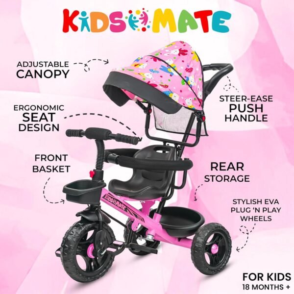 Kidsmate Deluxe 4-in-1 Tricycle for Kids with Adjustable Canopy | Durable Plug & Play Baby Trike with Safety Rail & Push Handle for Parents | Safe & Comfortable Ride for Toddlers 12-48 Months - Pink - Image 4