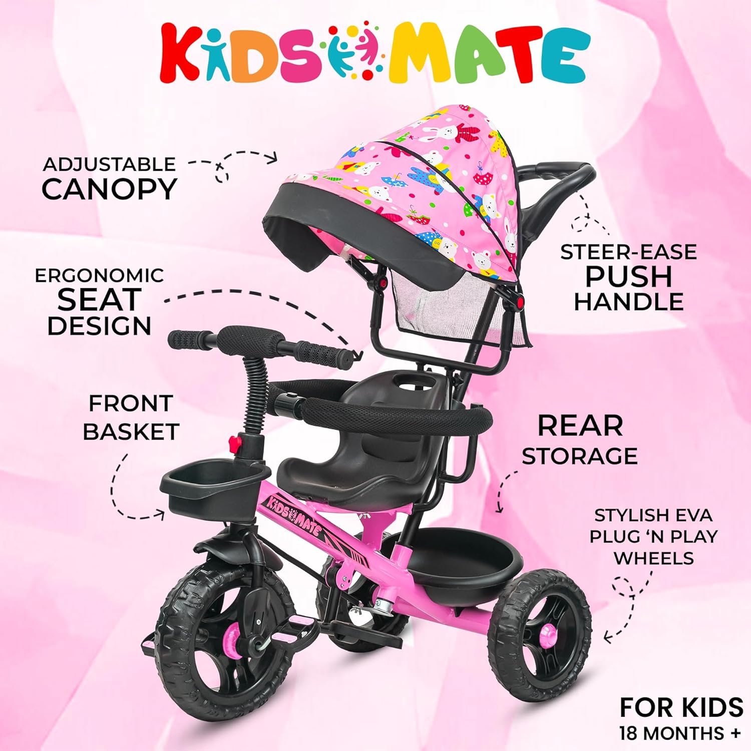 Kidsmate Deluxe 4-in-1 Tricycle for Kids with Adjustable Canopy | Durable Plug & Play Baby Trike with Safety Rail & Push Handle for Parents | Safe & Comfortable Ride for Toddlers 12-48 Months - Pink - Image 4