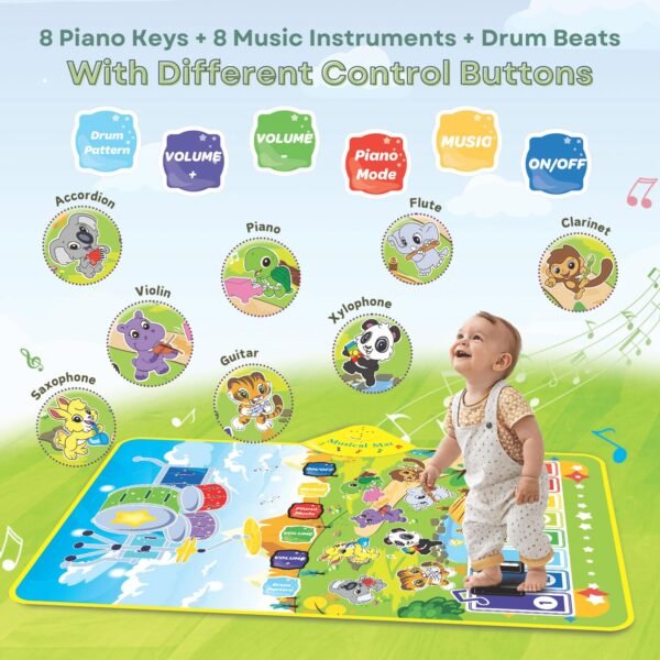 3-in-1 (Musical Instruments 1) Piano Mat for Kids, Musical Piano Mat – Drum, Piano & Instrument Sounds with 2 Sticks, Animal Prints, Educational Toy for Toddlers 12M+, Ideal for 1-3 Years - Image 3