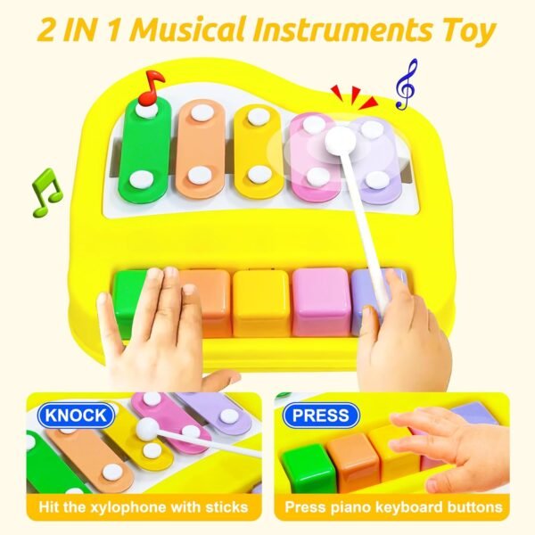 VGRASSP 2 in 1 Small Xylophone and Piano Toy for Kids with Colorful Keys and Drum Sticks - Musical Instrument Toy for Baby and Toddlers - Yellow - Image 4