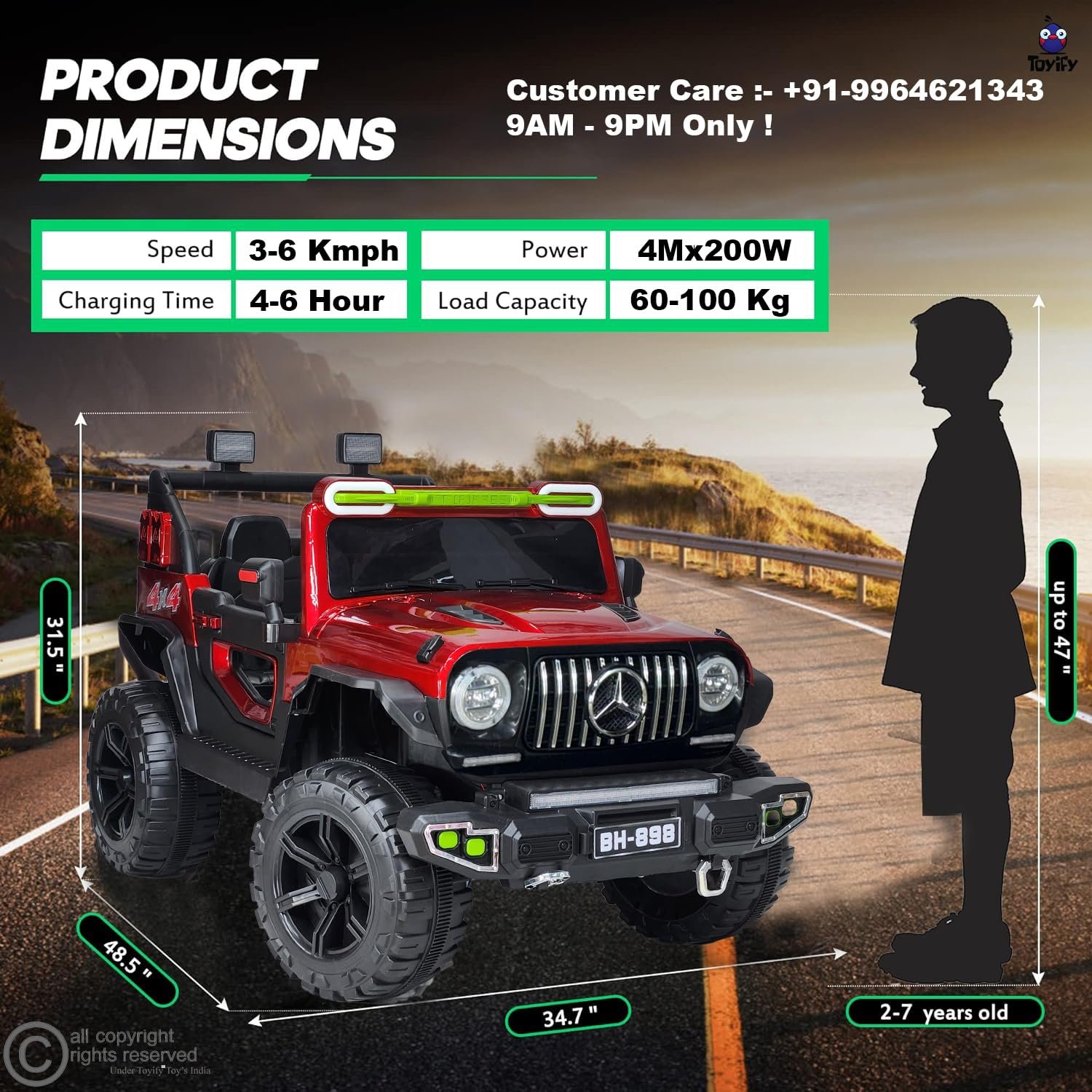 Driving Thar Jeep for Kids 1 to 8 Years | Driving Electric Car Toy Ride on | Loading Capacity of 50 Kg | Bluetooth Music Player | Remote Control & Manual Steering Drive (Benz-Red) - Image 2