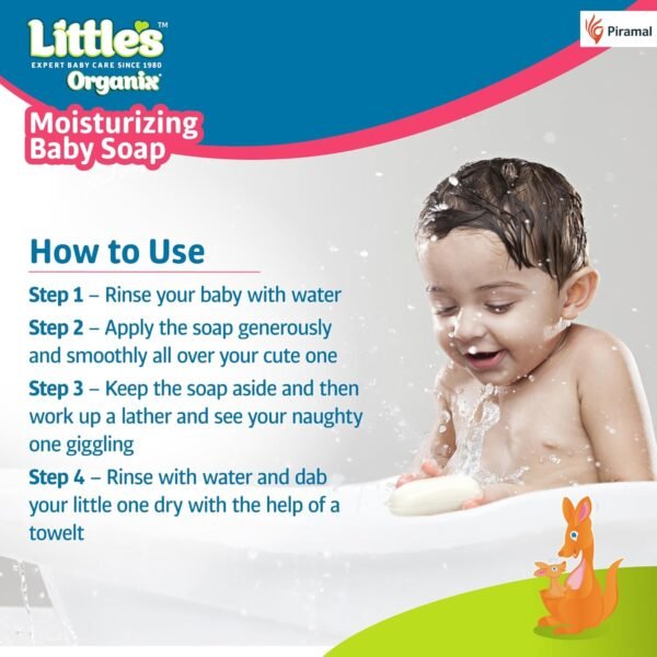 Little\'S Organix Moisturizing Baby Soap |75g (Pack Of 5)| Gentle Bathing Bar Soap with Organic Almond Oil, Olive Oil, Aloe Vera & Neem for Baby\'s Sensitive Skin | Protetcs From 99.9% Germs | Kids Soap - Image 4