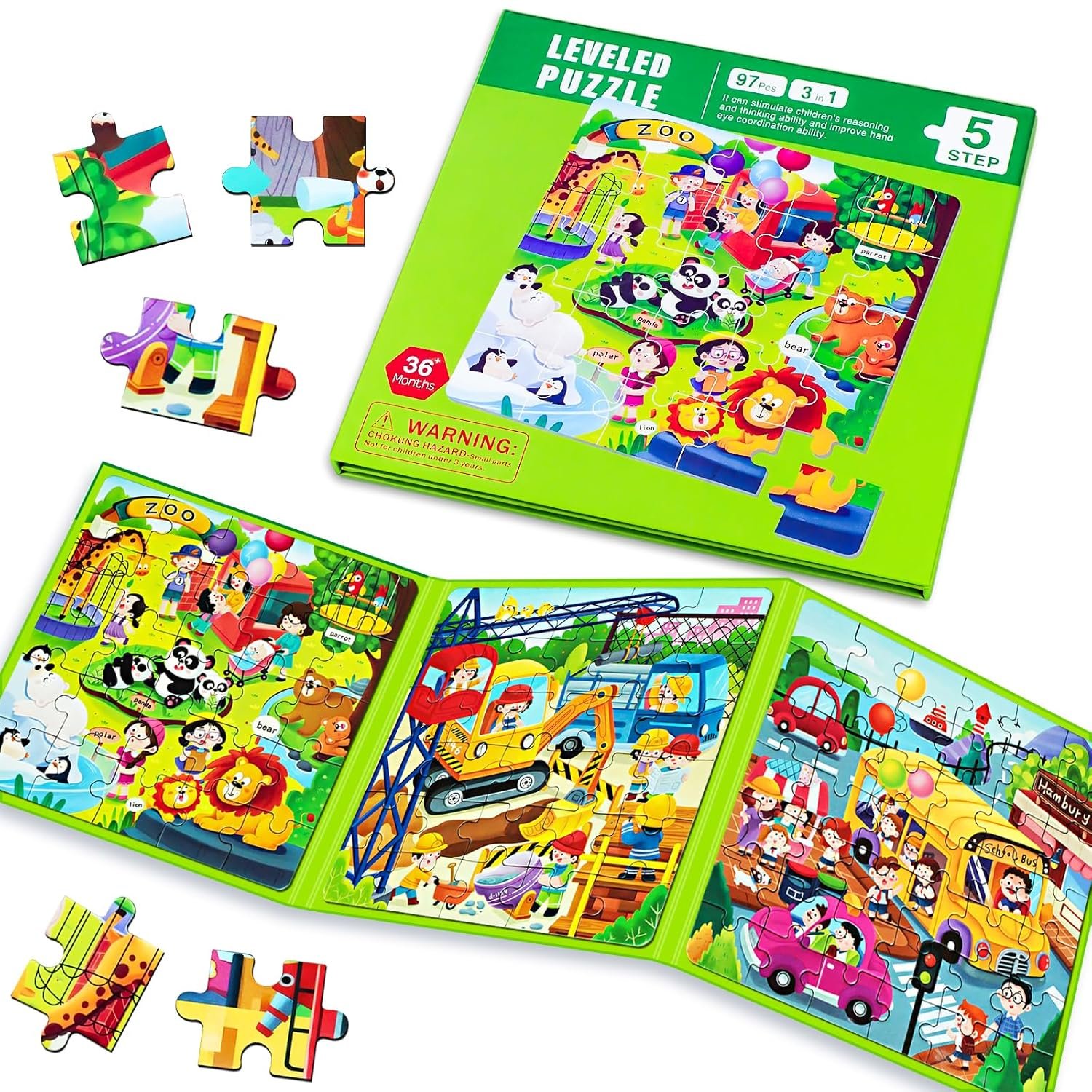 Magnetic Puzzles for Kids Ages 4-8, 3 in 1 Cartoon Jigsaw Puzzle Book, Kids Travel Puzzles Toys, Preschool Learning Toy for Kids 3-8 Year (Green Zoo)