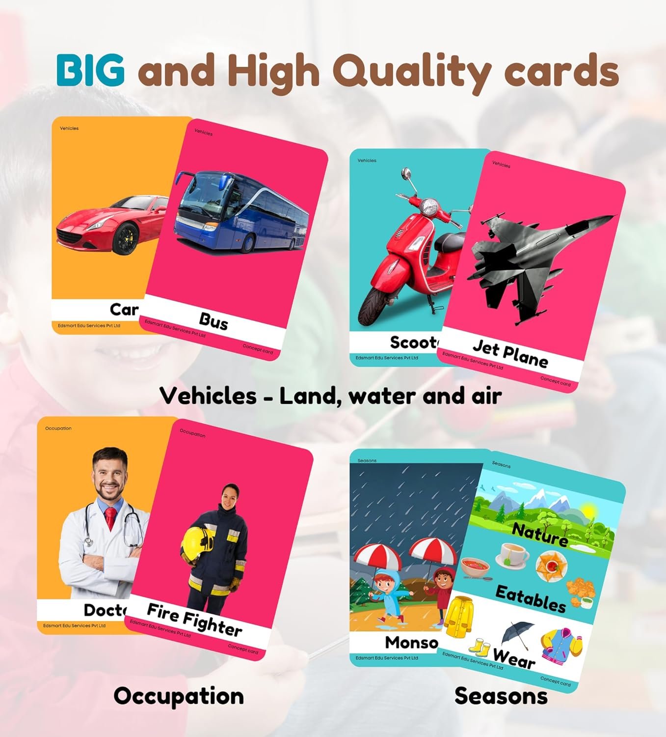 Edsmart Thick Flash Cards for Toddlers & Preschool Learning for Kids 1, 2, 3, 4 Years| Vehicles Occupations & Seasons |Montessori Toys & Games - Image 3