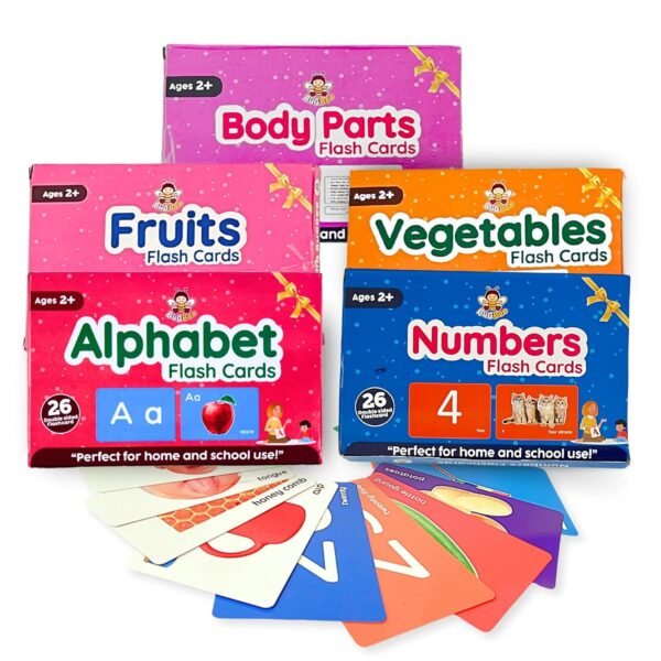 BuGBee Flash Cards for Kids 2+ Years | Montessori Toys & Games, Preschool Learning for Kids for 1, 2, 3, 4 Years (Alphabets +Numbers + Fruits + Vegetables + bodyparts Flash Cards (Set of 5)