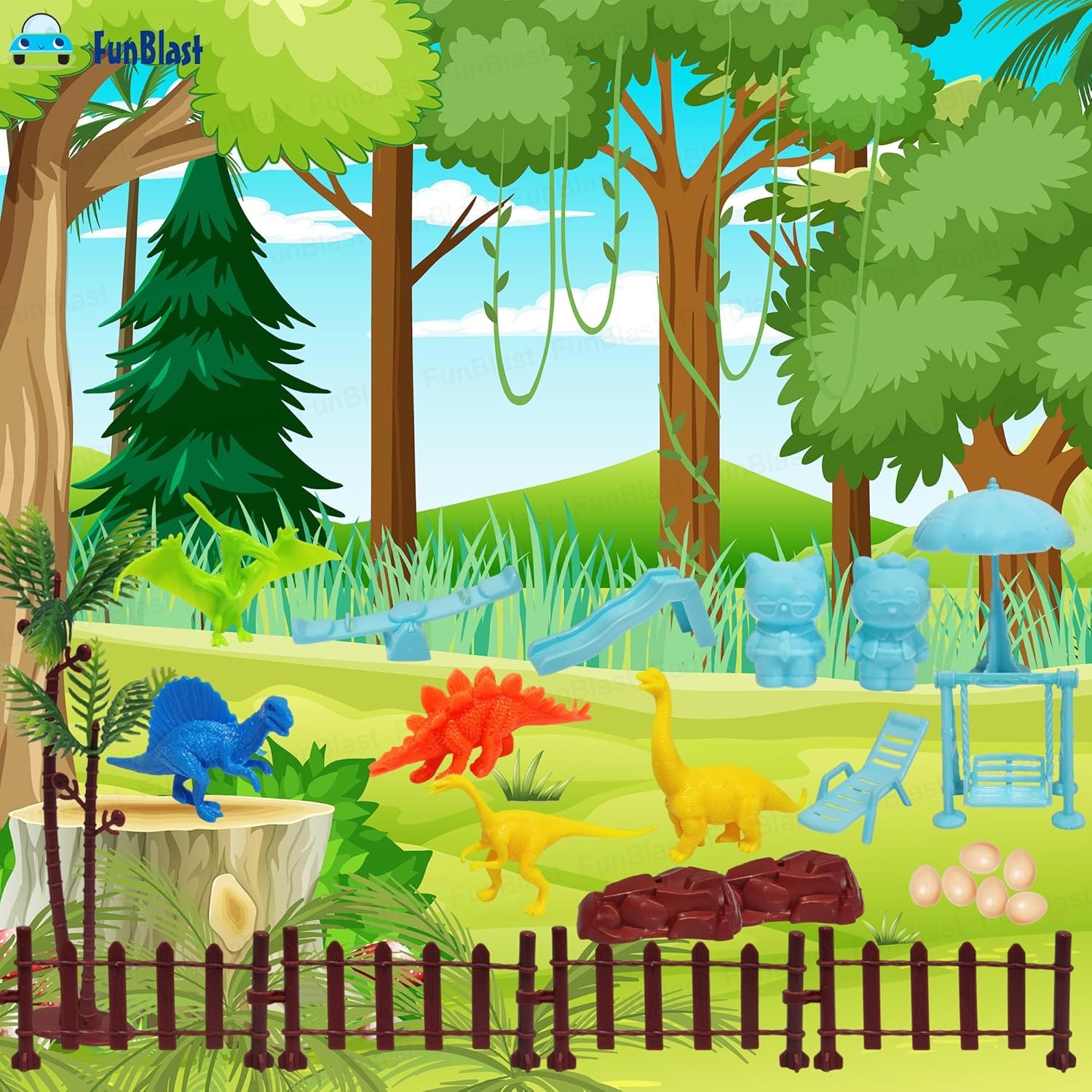 FunBlast Colorful Dinosaur Toy Play Set for Kids, Dinosaur Toy Set, Animal Figure Toys, Set of 6 Dinosaur with Eggs, Trees and Other Accessories. (Multicolor) - Image 2