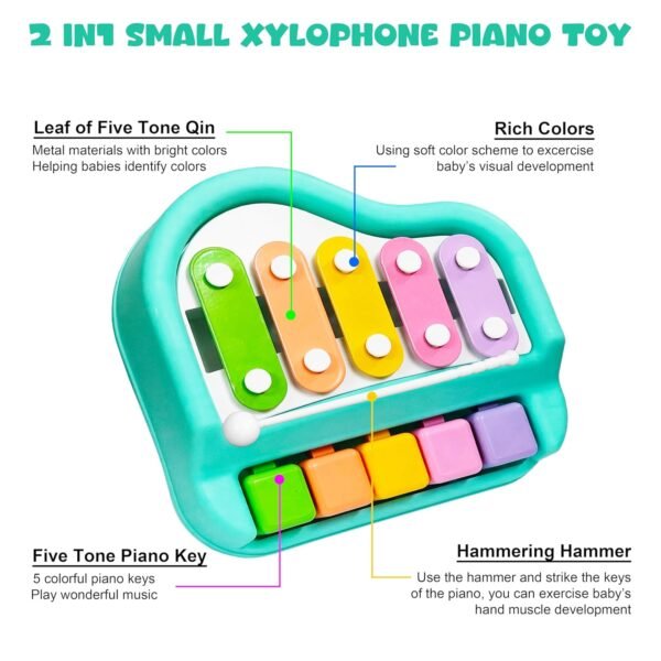 VGRASSP 2 in 1 Small Xylophone and Piano Toy for Kids with Colorful Keys and Drum Sticks - Musical Instrument Toy for Baby and Toddlers - Turquoise - Image 5