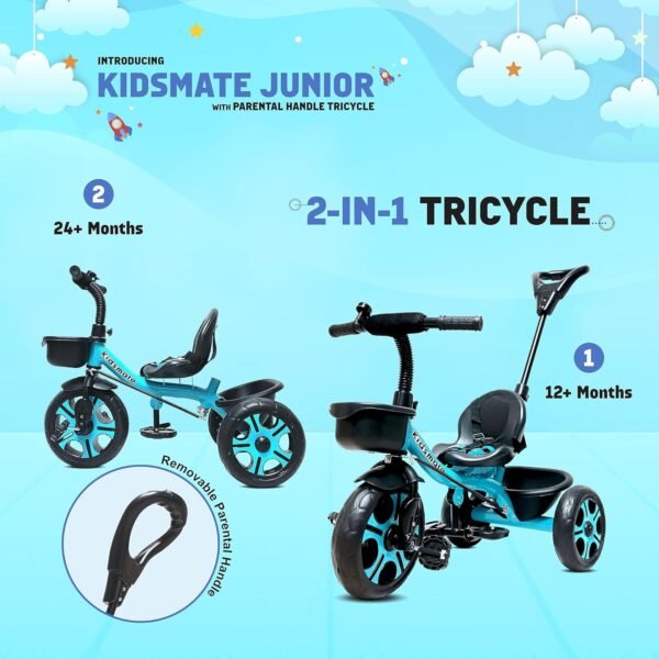 Kidsmate Junior Tricycle for Kids with Parental Control | Cycle for Kids 1-4 Years | Baby Cycle | Bicycle for Kids with Storage Basket, Cushion Seat and Seat Belt Carrying Capacity 30 Kgs (Blue) - Image 5