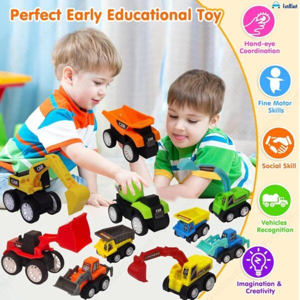 FunBlast Pull Back Vehicles Toy Cars Playset - Set of 10, Construction Mini Power Friction Trucks for 3+ Years Old Kids - Multicolor - Image 4