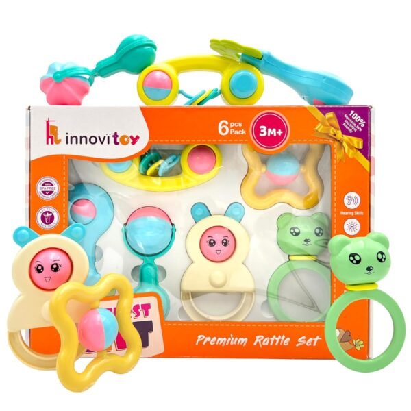 6Pcs Rattles Infant Colourful Plastic Non Toxic Set of 6 Attractive Rattles and Teathers for New Borns, Baby,Kid (Multi Color) | Premium Gift Set for Baby