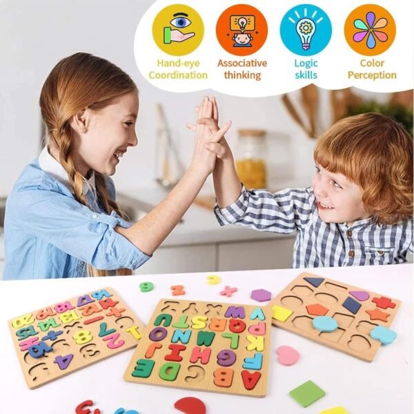 Kidology Wooden Puzzles for Toddlers for Kids Preschool Learning Toys, Wooden Montessori Toddler Puzzles Wooden Alphabet, Number, Shape Puzzles for Kids 2-4 Years Old (Wooden Puzzle - 3Pcs) - Image 6