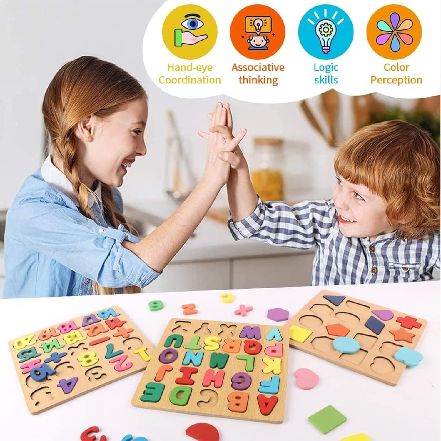 Kidology Wooden Puzzles for Toddlers for Kids Preschool Learning Toys, Wooden Montessori Toddler Puzzles Wooden Alphabet, Number, Shape Puzzles for Kids 2-4 Years Old (Wooden Puzzle - 3Pcs) - Image 6