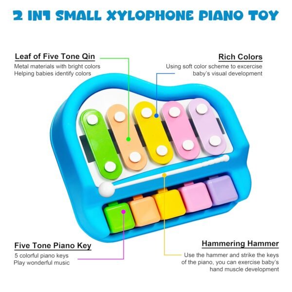 VGRASSP 2 in 1 Small Xylophone and Piano Toy for Kids with Colorful Keys and Drum Sticks - Musical Instrument Toy for Baby and Toddlers - Blue - Image 5