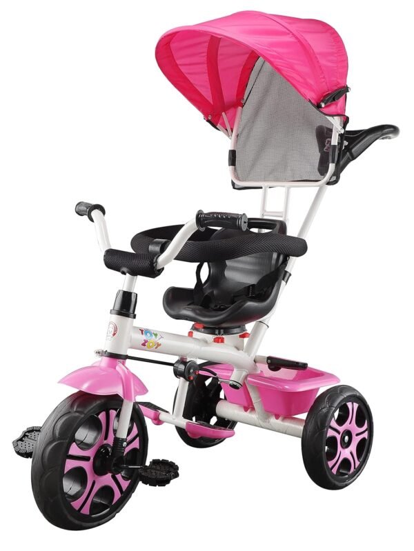 JoyRide 4 in 1 Convertible Baby Tricycle Toddler Stroller Pedal Tricycle w/Reversible Seat Adjustable Removable Handle Canopy Handrail Belt Storage Footrest for 1-5 Years Old (Pink)