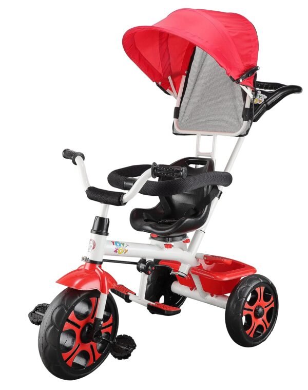 JoyRide 4 in 1 Convertible Baby Tricycle Toddler Stroller Pedal Tricycle w/Reversible Seat Adjustable Removable Handle Canopy Handrail Belt Storage Footrest for 1-5 Years Old (Pink) - Image 4