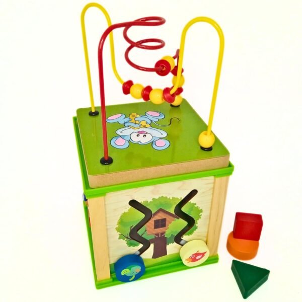 5 in 1 Montessori Themed Activity Cube for Kids 1-4 Years (Beads Maze + Colourfull Clock + Gear Wheels + Shape sorter + Routing Insects) - Image 5