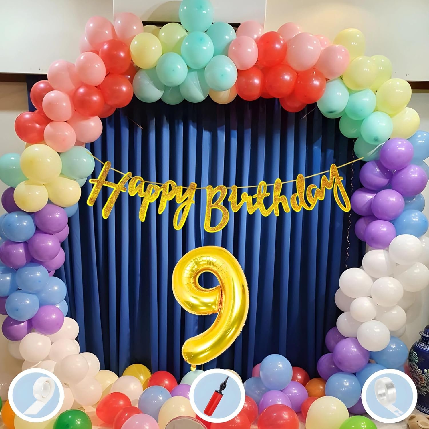 Natural Latex Balloon, Paper Banner 9th Multicolour Birthday Decoration for Boy Girl Kid Men Women|60Pcs Mix Balloons|Gold Cursive Glitter Birthday Banner|BalloonPump|ArchTape|GlueDot