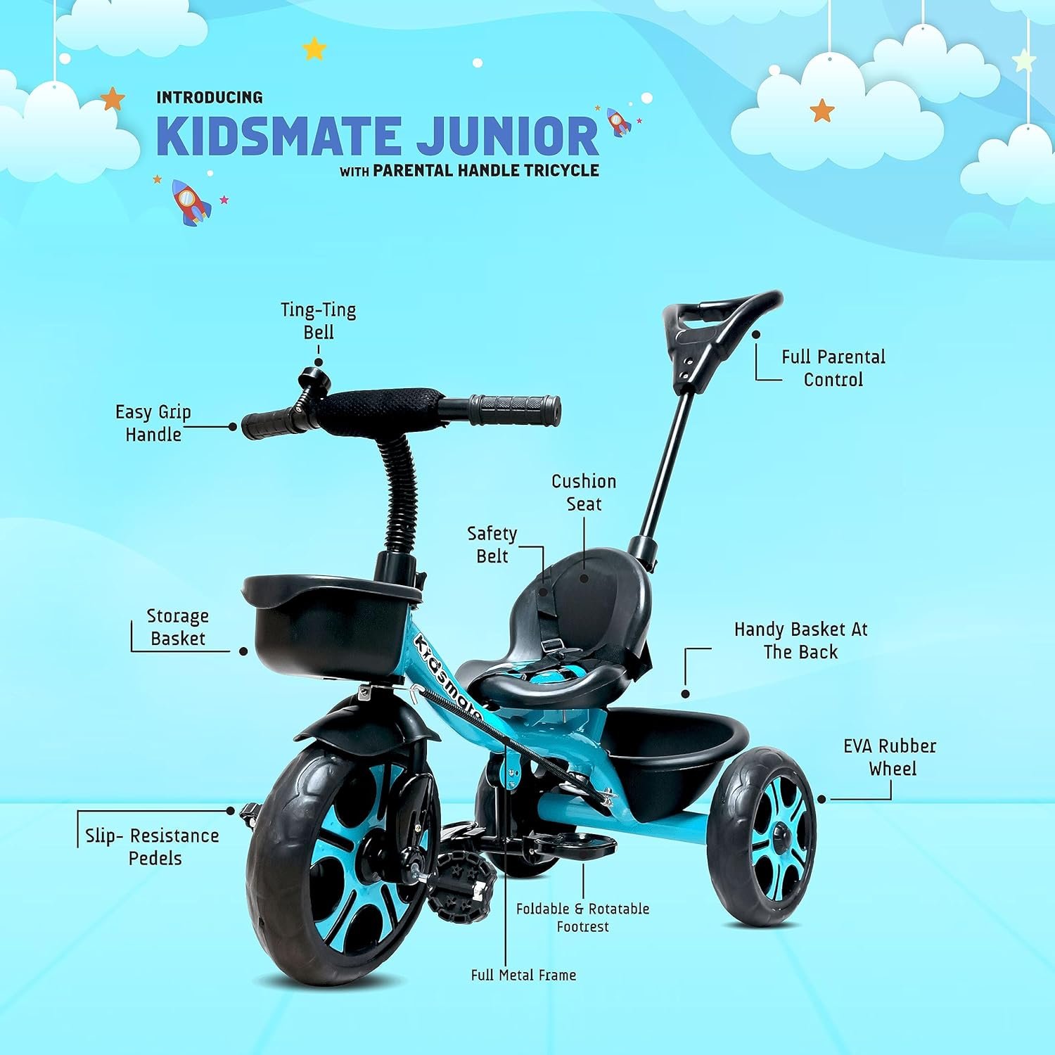 Kidsmate Junior Tricycle for Kids with Parental Control | Cycle for Kids 1-4 Years | Baby Cycle | Bicycle for Kids with Storage Basket, Cushion Seat and Seat Belt Carrying Capacity 30 Kgs (Blue) - Image 4