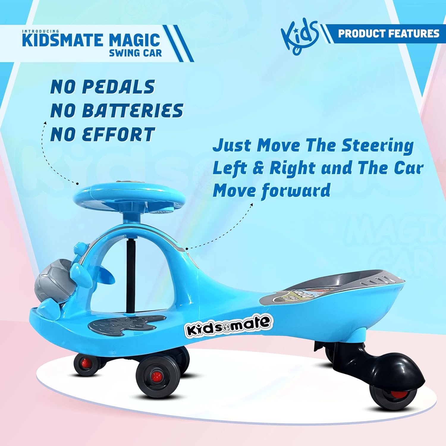 Kidsmate Magic Swing Car for Kids | 360° Rotating Baby Car | Kids Ride on Toy Car | Durable & Vibrant Design with Music & Lights | Indoor & Outdoor Use Kids Car with Wide seat | 3+ Years (Blue) - Image 6