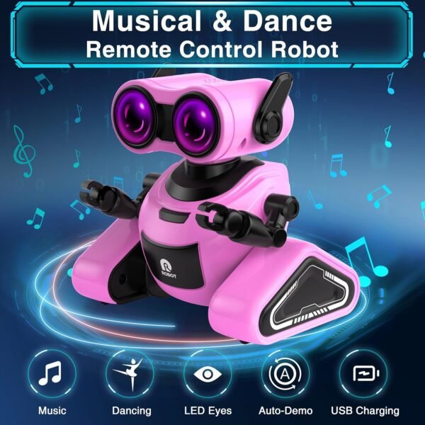 Yerloa Girls Robot Toys with 3D Stickers for 3-5, Baby Easter Toys Remote Control Robot Toy for Kids with Music and 4 Color LED Eyes, Singing, Dancing, Birthday for Boys Girls Aged 3 4 5 6 7 Year Old - Image 2