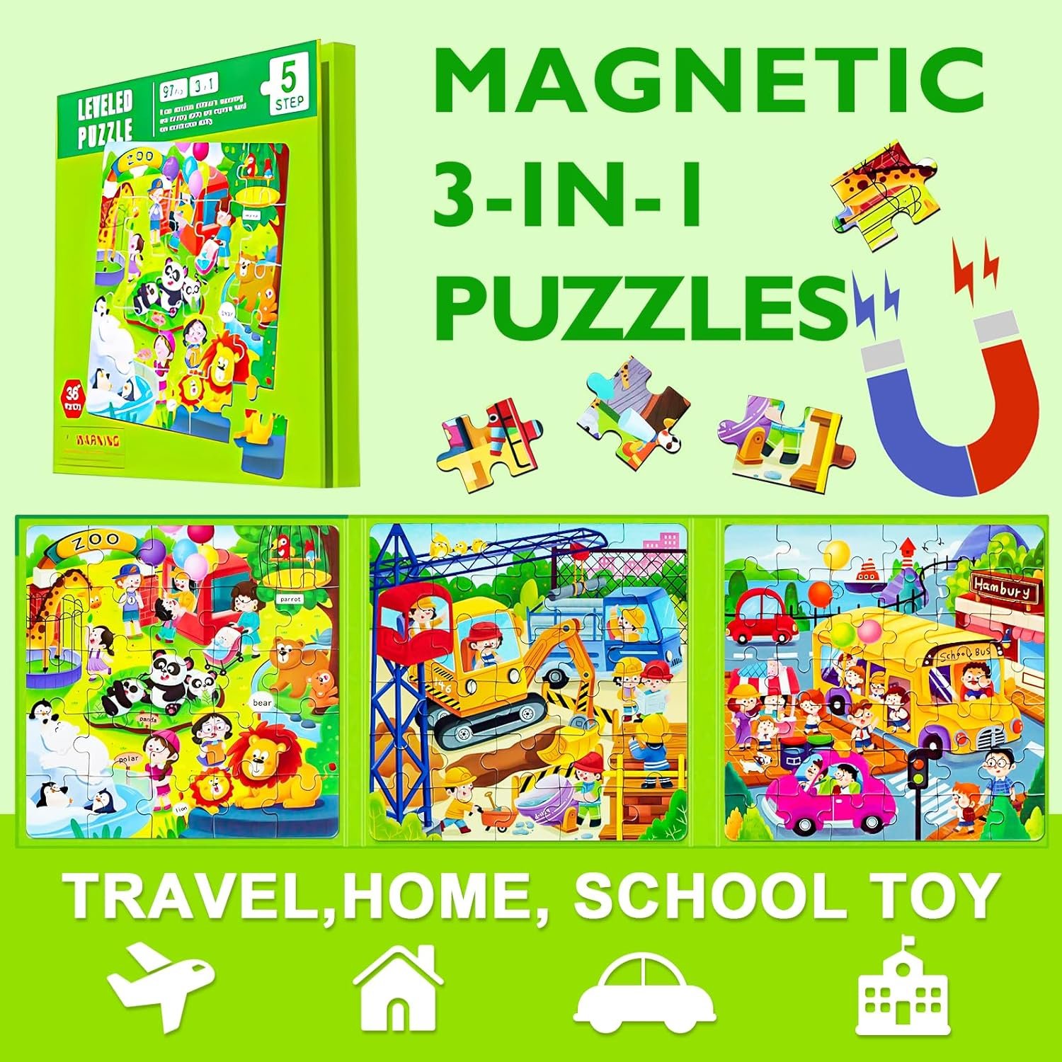 Magnetic Puzzles for Kids Ages 4-8, 3 in 1 Cartoon Jigsaw Puzzle Book, Kids Travel Puzzles Toys, Preschool Learning Toy for Kids 3-8 Year (Green Zoo) - Image 4
