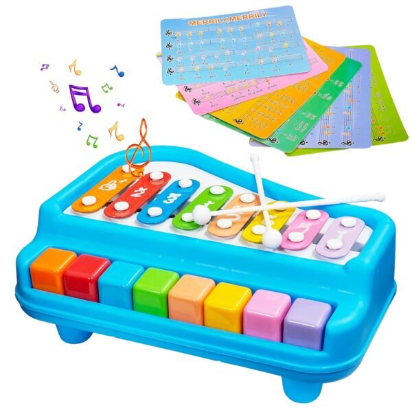 VGRASSP 2 in 1 Big Xylophone and Piano Toy for Kids with 8 Colorful Keys and Drum Sticks - Musical Instrument Toy for Baby and Toddlers - Blue