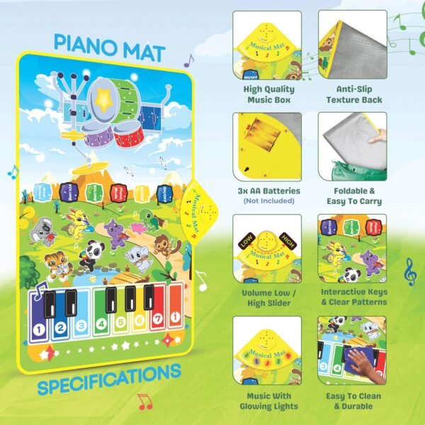 3-in-1 (Musical Instruments 1) Piano Mat for Kids, Musical Piano Mat – Drum, Piano & Instrument Sounds with 2 Sticks, Animal Prints, Educational Toy for Toddlers 12M+, Ideal for 1-3 Years - Image 5