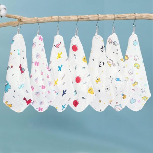 7 Pcs Muslin Cotton Cloth Premium Baby Washcloth for New Born, Washable, Reusable, Absorbent, Extra Soft Face Towels/Hankies for Babies, Stars, Balloons Print