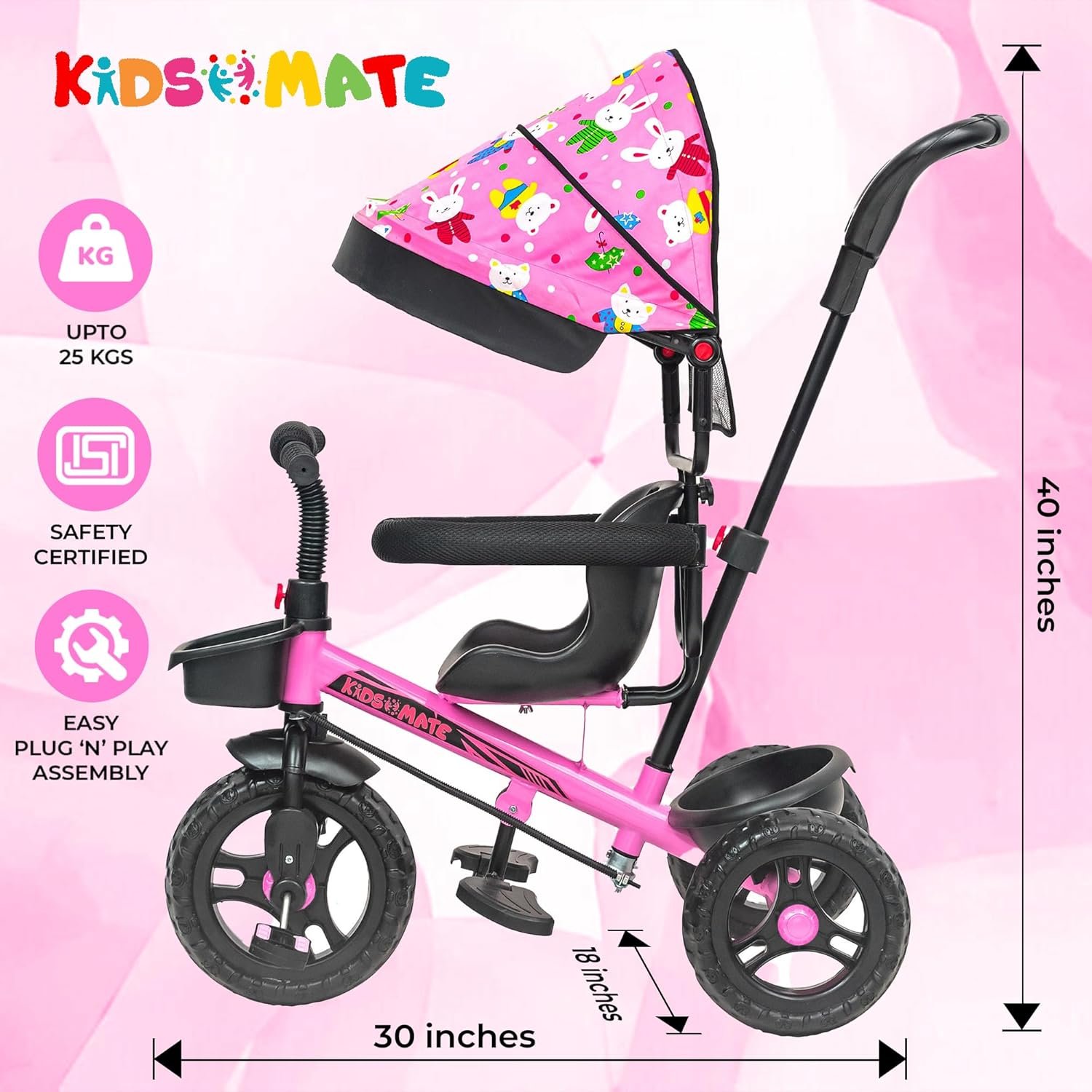 Kidsmate Deluxe 4-in-1 Tricycle for Kids with Adjustable Canopy | Durable Plug & Play Baby Trike with Safety Rail & Push Handle for Parents | Safe & Comfortable Ride for Toddlers 12-48 Months - Pink - Image 2