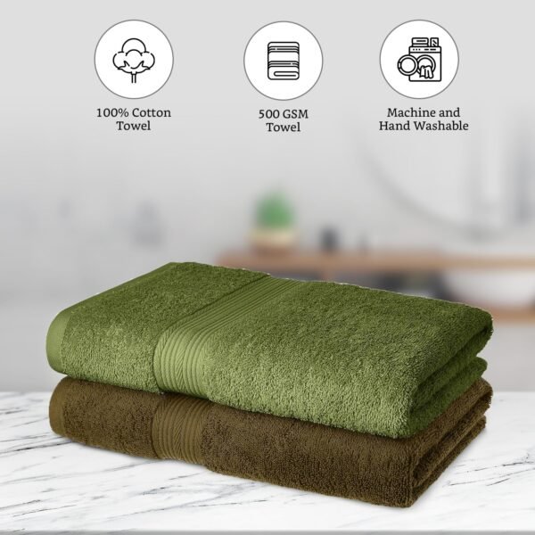 Amazon Brand - Solimo 100% Cotton 2 Piece Bath Towel Set, 500 GSM (Sepia Brown and Olive Green) - Image 3