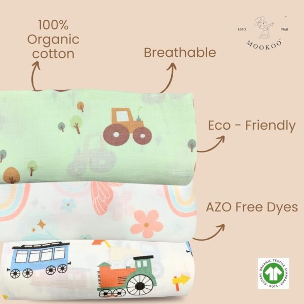 Baby Muslin Bath Towel for Newborn Baby | Gentle & Ultra-Absorbent | Muslin Cloth Bath Towel for Newborns | Tractor-Train-Butterfly Design | Pack of 3 | - Image 2