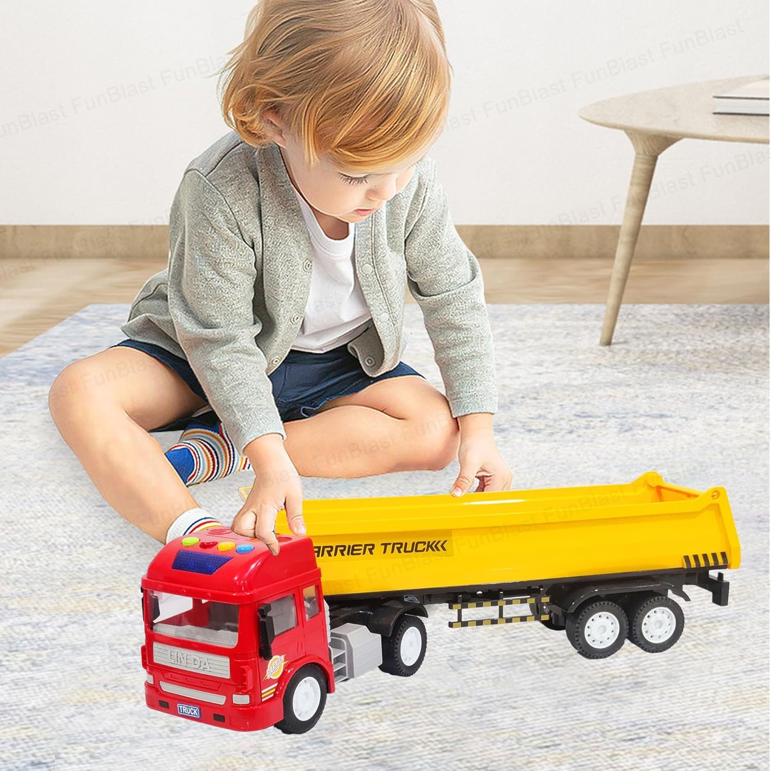 FunBlast Carrier Truck, Pull Back Long Vehicles Dumper for Kids 3+ Years Old, Friction Power Truck With Light & Sound, Toys for Boys (Multicolor) - Image 2