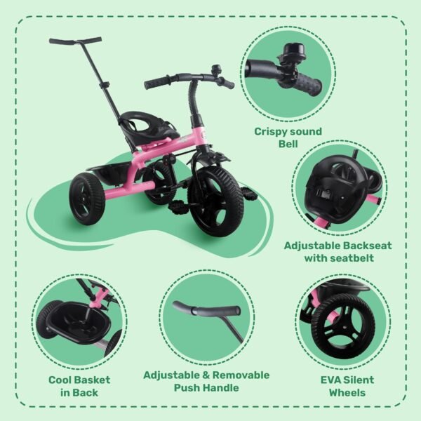 Mini Prima Tricycle for Kids | Tricycle for Kids | Cycle for Kids 1-4 Years | Baby Cycle | Bicycle for Kids with Storage Basket, Cushion Seat and Seat Belt TZ-582 (Pink) - Image 4