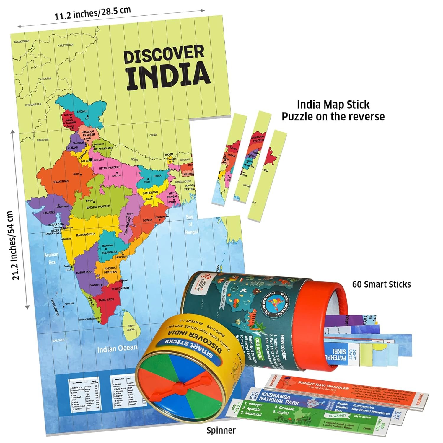Chalk and Chuckles Smart Sticks Discover India, Kids Games Age 7+ Years, India Map Puzzle, Fun Educational Toys, Card Game, Birthday Return Gift for Girls, Boys Ages 8, 9, 10, 11, 12 - Image 3