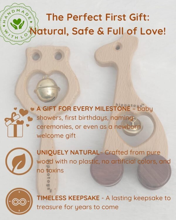 HippoToys Wooden Rattle Set – Baby Toys 0-12 Months, Jhunjhuna for Newborn, Montessori Safe Teething Toys, Handmade Natural Wood Gift for Baby Boys & Girls 3-6 Months, Perfect Baby Shower Gift. - Image 4