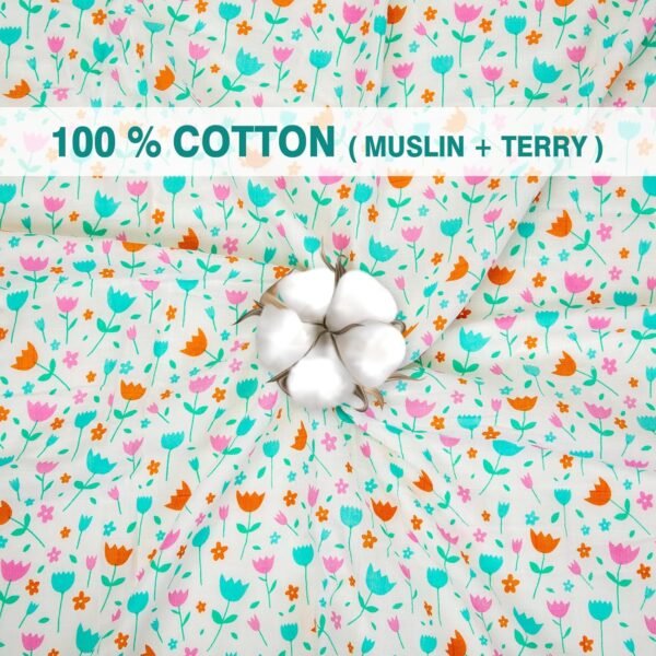 Mee Mee Supremely Absorbent 100% Cotton 2 Layer Premium Soft Baby Towel for New Born | 2 Layers of Muslin & Terry | Washcloth for Kids/Toddlers/Infants/Babies | Pack of 1- Flower Print 75X100 CM - Image 3