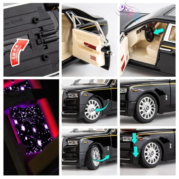 Model Car Zinc Alloy Pull Back Toy Diecast Toy Cars with Openable Doors, Sound and Light for Kids Boy Girl Gift (1:24 Rolls-Royce Phantom,Black-Black) - Image 3