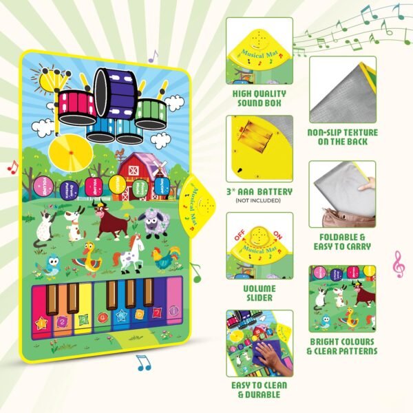 3-in-1 (Bull & Sheep ) Piano Mat for Toddlers, Piano & Drum Mat with 2 Sticks, Featuring Animal, Piano, and Drum Sounds, Educational Toy for 12 Months+, Ideal for 1-3 Year Toddler - Design 1 - Image 5