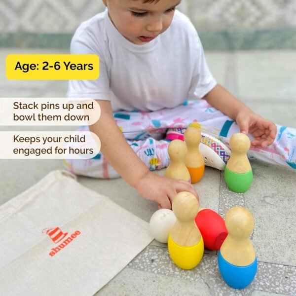 Shumee Wooden Bowling Set for Kids Ages 2+ with 6 Pins & 1 Ball | Coordination & Fine Motor Skill Toys for Kids | Kids Activity Toys for 2-5 Years Old | Durable & Lightweight | Ideal Gift for Kids - Image 6