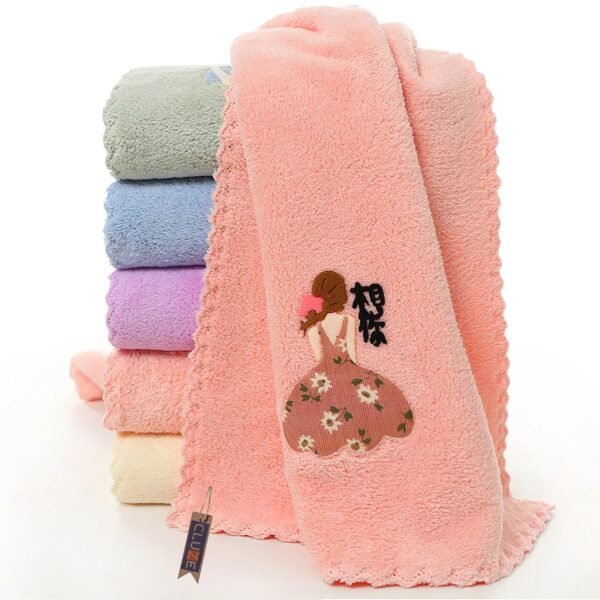 Microfiber Wash Towels Quick Absorbent Soft Coral Fleece Kids Handkerchief- Face Towel for Girls Cute Doll Embroidered Hanky, Baby Shower Gift (35x75 cm) (Pink) - Image 6