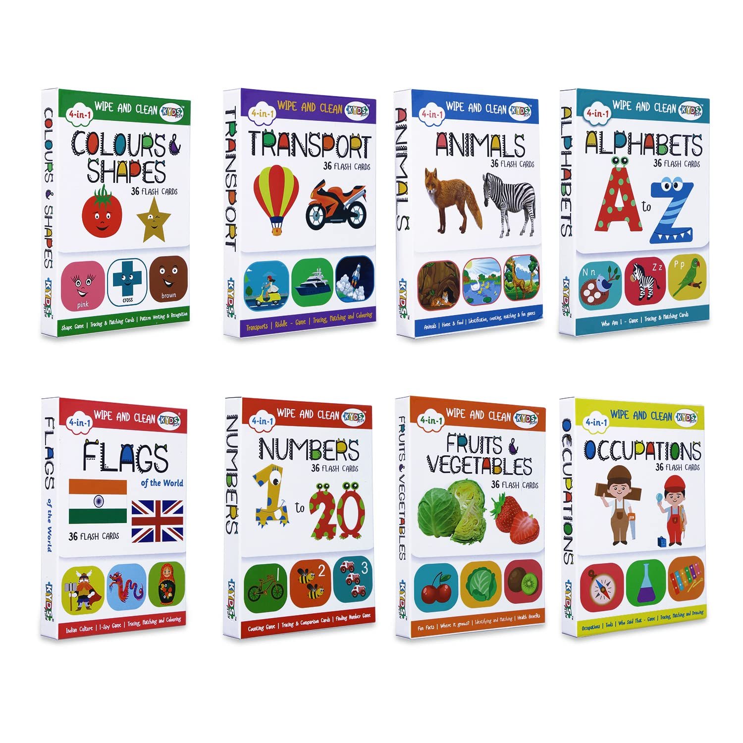 Early Learning - Alphabets, Numbers, Colours, Fruits, Animals, Transport, Occupation & Flags, Wipe & Clean Activity Flash Cards - Age 1-5 Yrs, Montessori, Educational Preschool Learning
