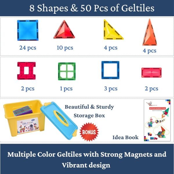 GELTILES - 50 pcs Set of Magnetic Building Tiles, Magna Constructing and Creative Learning Educational Next Generation Multicolor STEM Toy for Kids 3+ Boys and Girls with Storage Box - Image 2