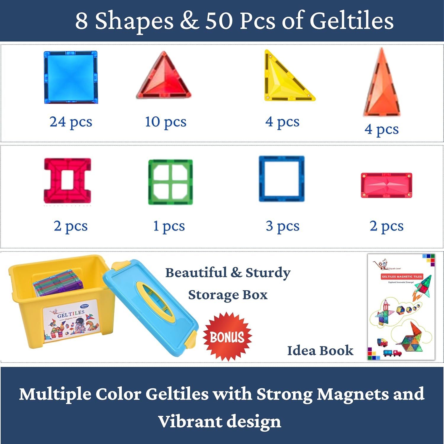 GELTILES - 50 pcs Set of Magnetic Building Tiles, Magna Constructing and Creative Learning Educational Next Generation Multicolor STEM Toy for Kids 3+ Boys and Girls with Storage Box - Image 2