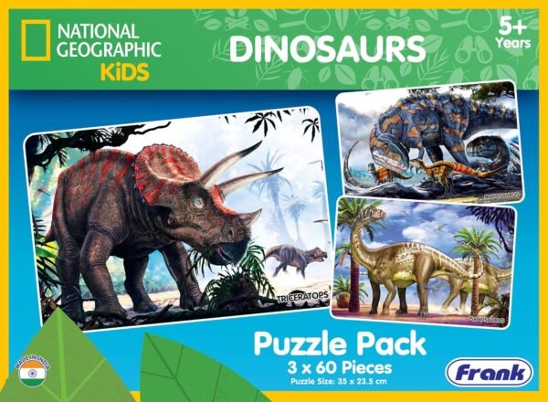 Frank 3 in 1 National Geographic Dinosaurs Jigsaw Puzzle for Kids 5+ Years, Set of 3 (60 Pcs Each) | Fun & Challenging Educational Toys | Brain Booster Puzzle Games for Focus & Memory, Gifts for Kids