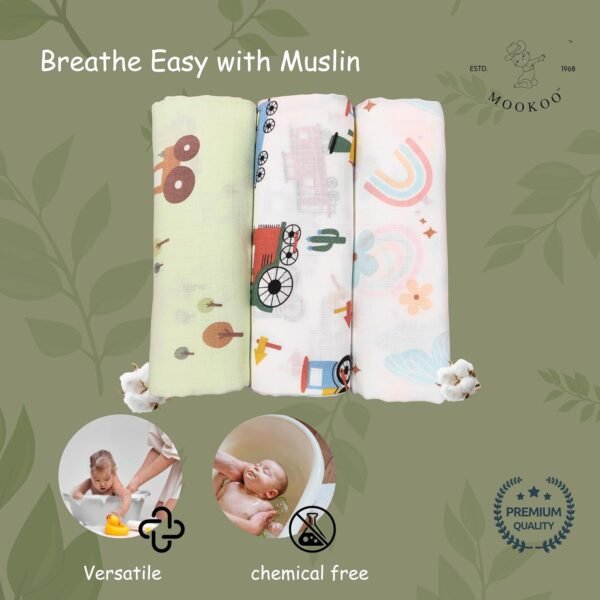 Baby Muslin Bath Towel for Newborn Baby | Gentle & Ultra-Absorbent | Muslin Cloth Bath Towel for Newborns | Tractor-Train-Butterfly Design | Pack of 3 | - Image 4